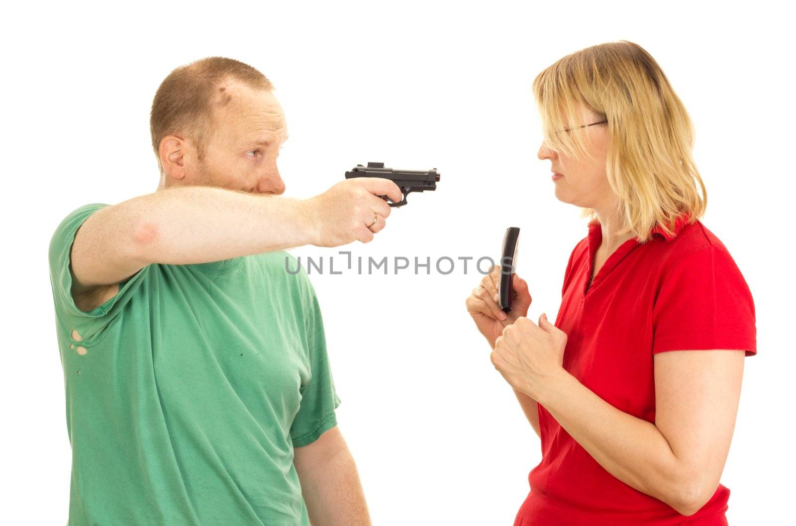 A man hold a woman at gunpoint