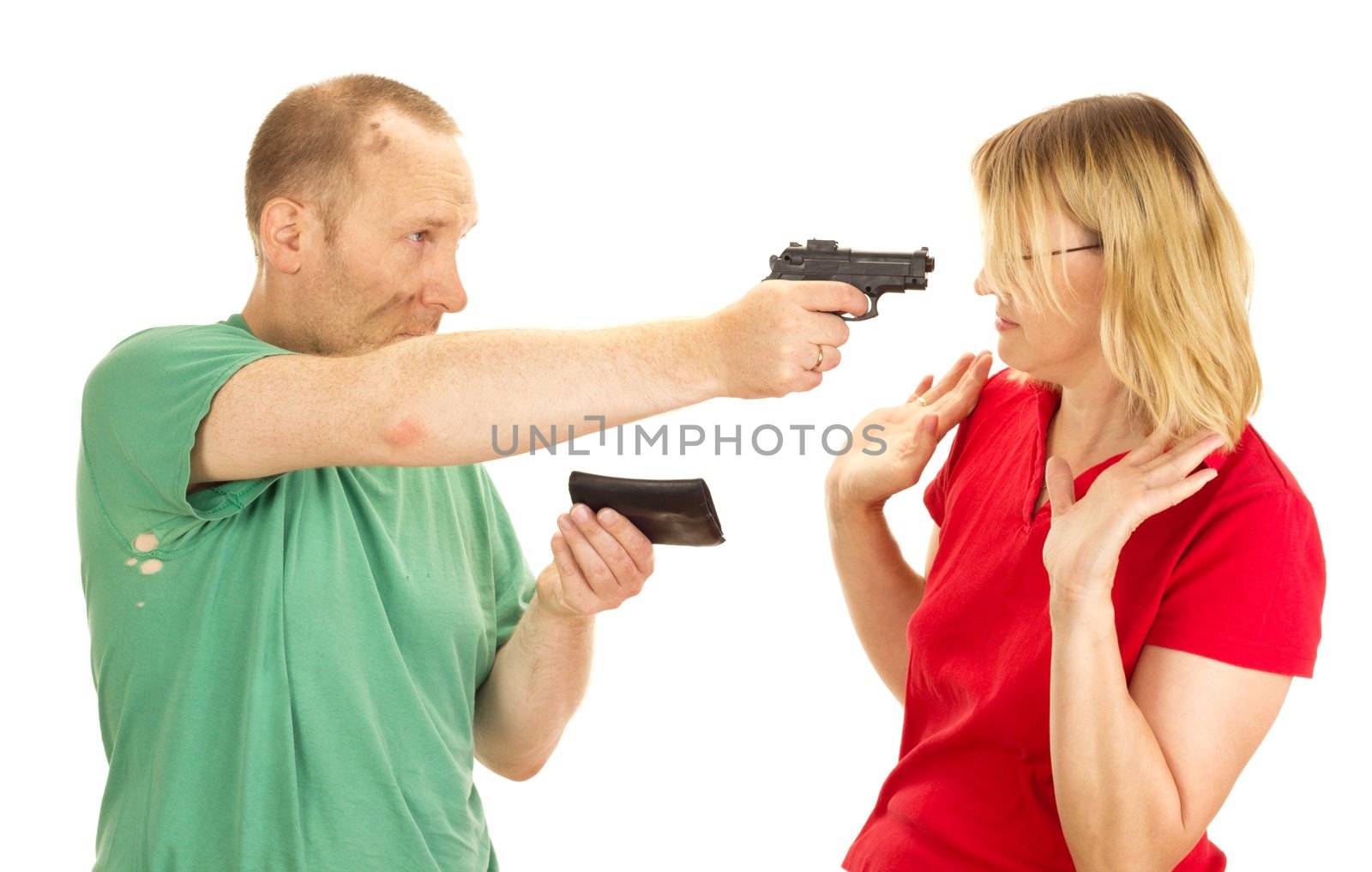 A man hold a woman at gunpoint