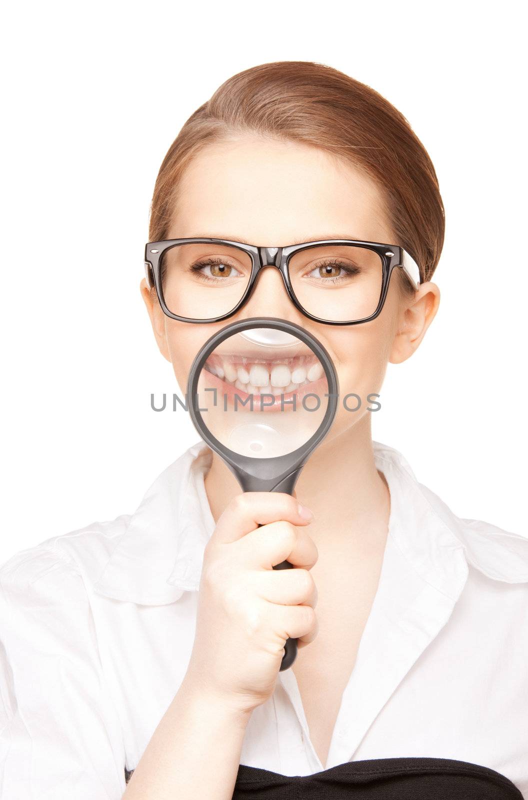 picture of woman with magnifying glass showing teeth