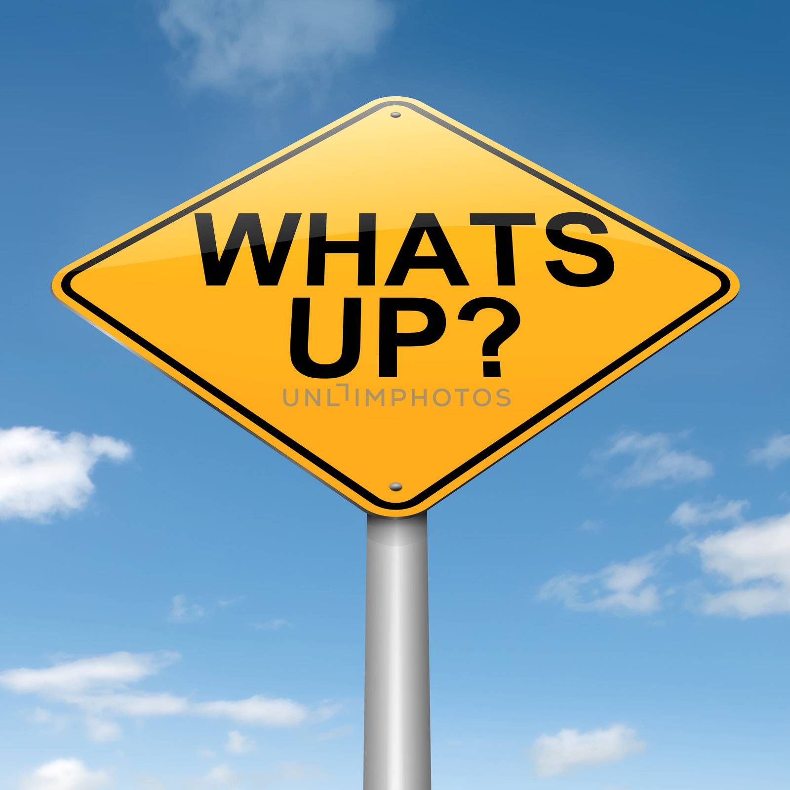 Illustration depicting a roadsign with a 'whats up' concept. Blue sky background.