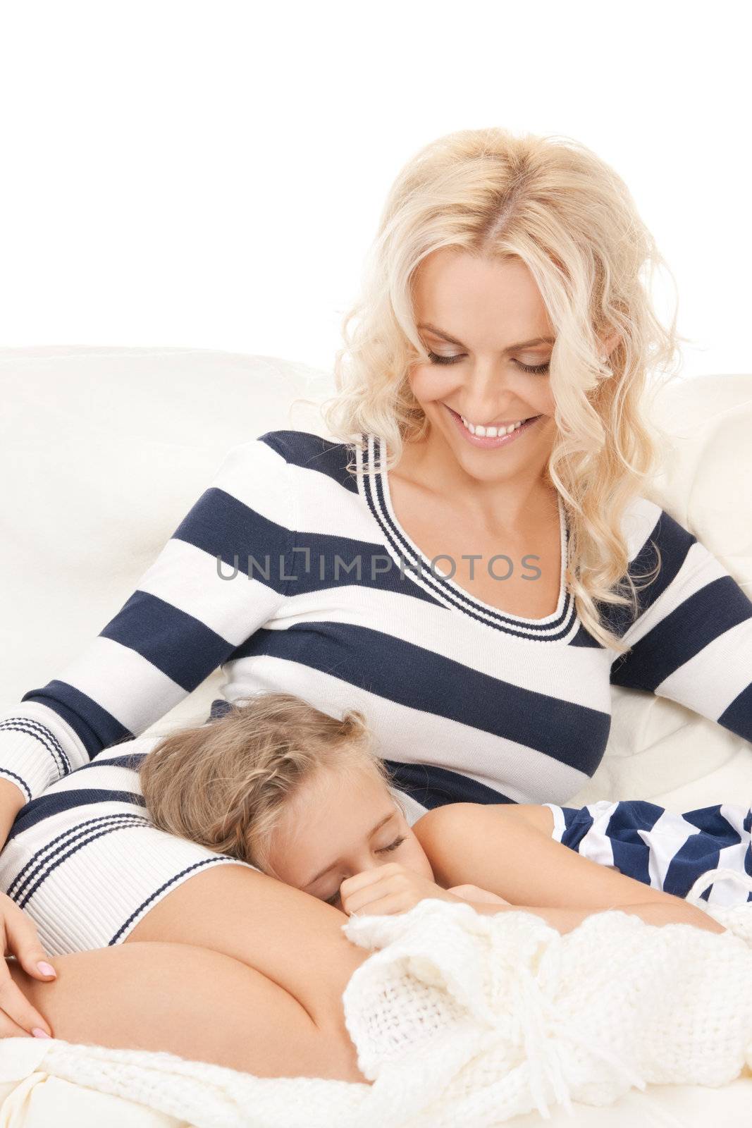 bright picture of happy mother and sleeping girl.