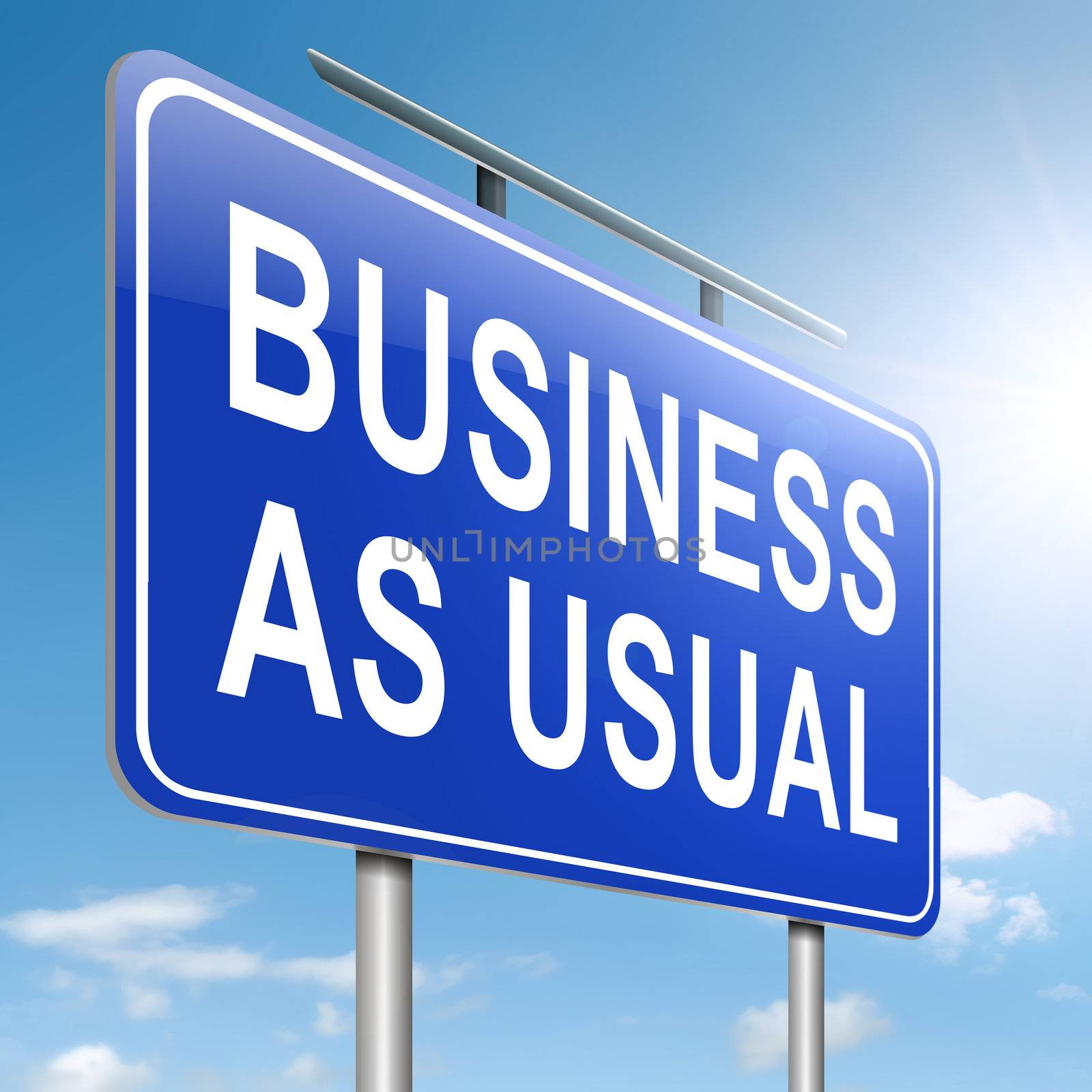 Illustration depicting a roadsign with a business as usual concept. Sky background.