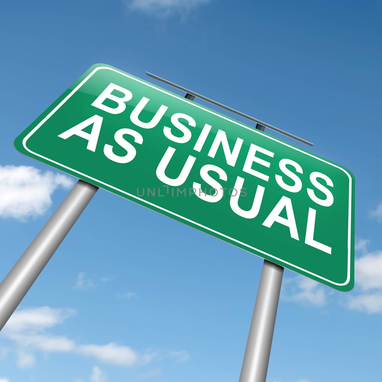 Illustration depicting a roadsign with a business as usual concept. Sky background.