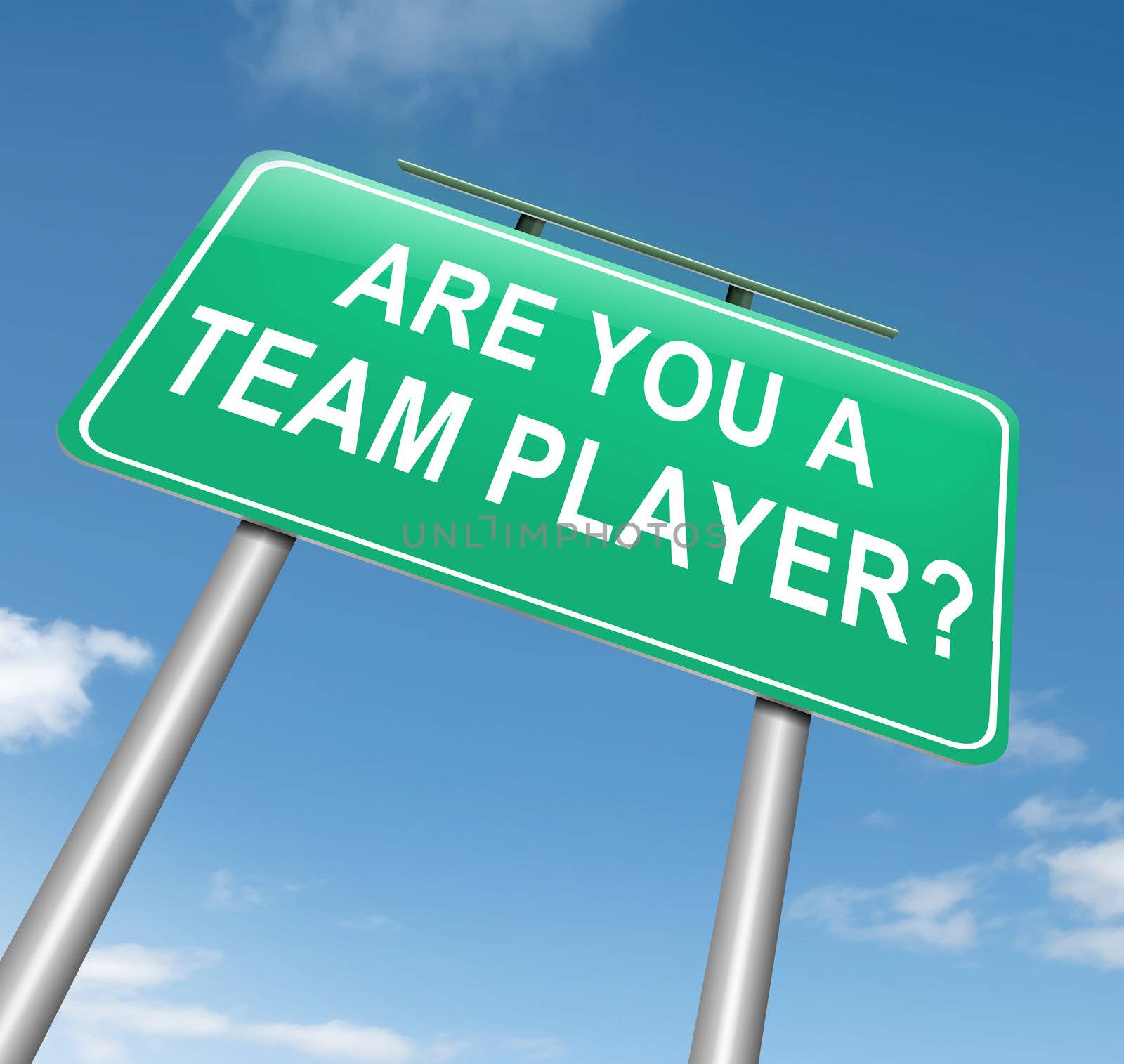 Illustration depicting a roadsign with a team player concept. Blue sky background.