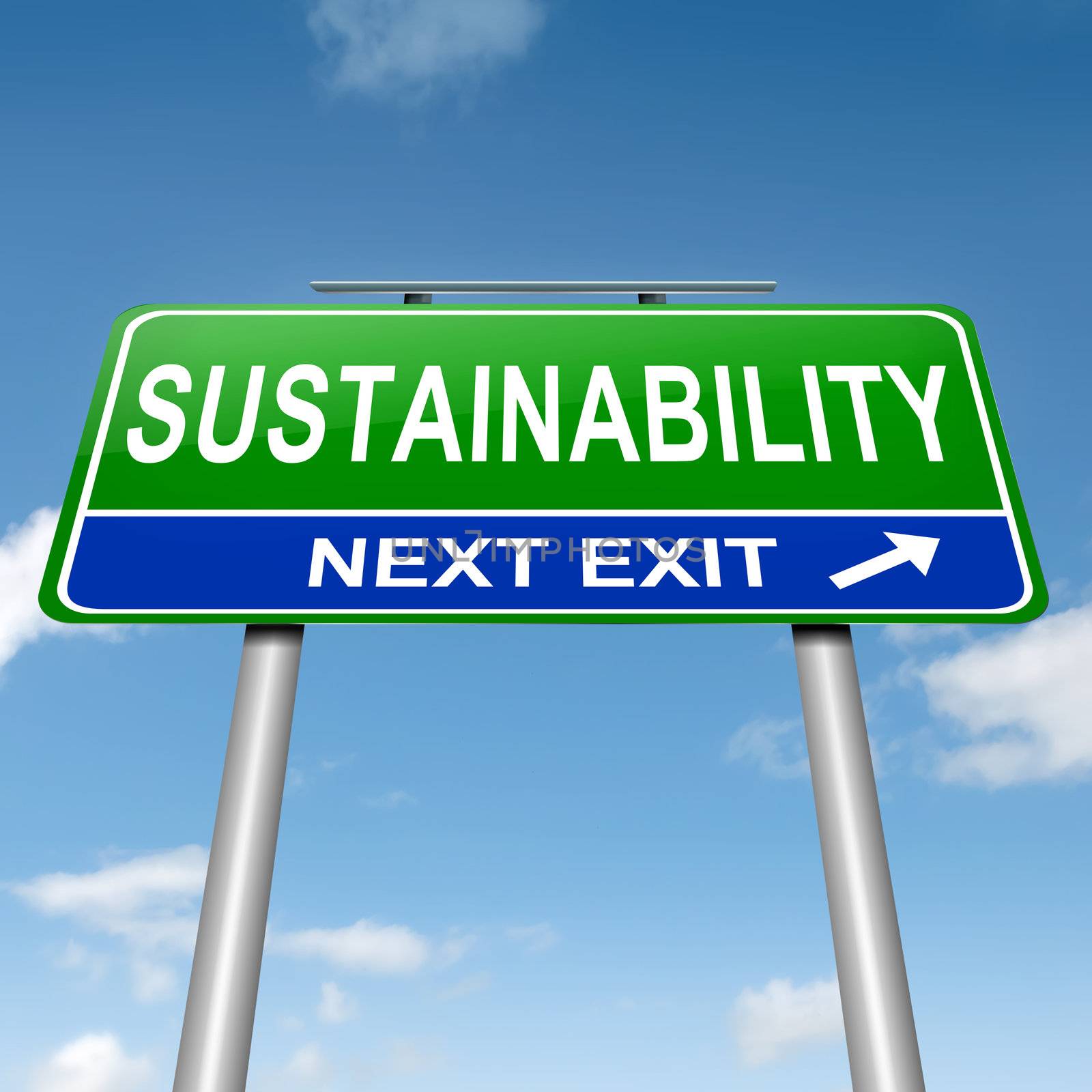 Illustration depicting a roadsign with a sustainability concept. Sky background.