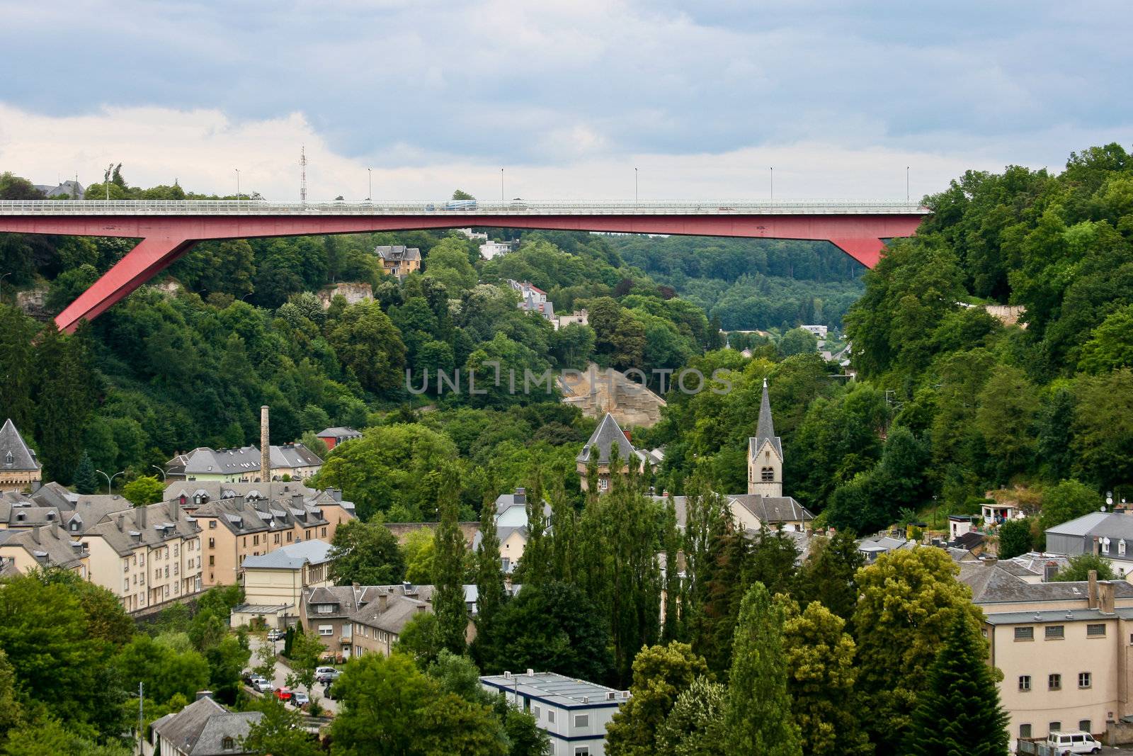 Luxembourg city view with part of old city and new bridge Grand Duchess Charlotte Bridge