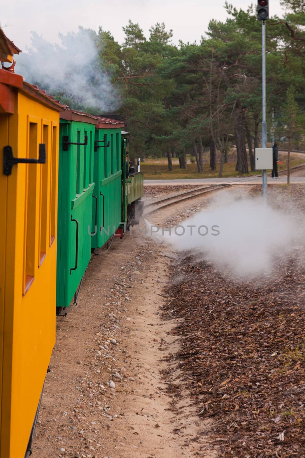 An old steam train pulls colorful waggons