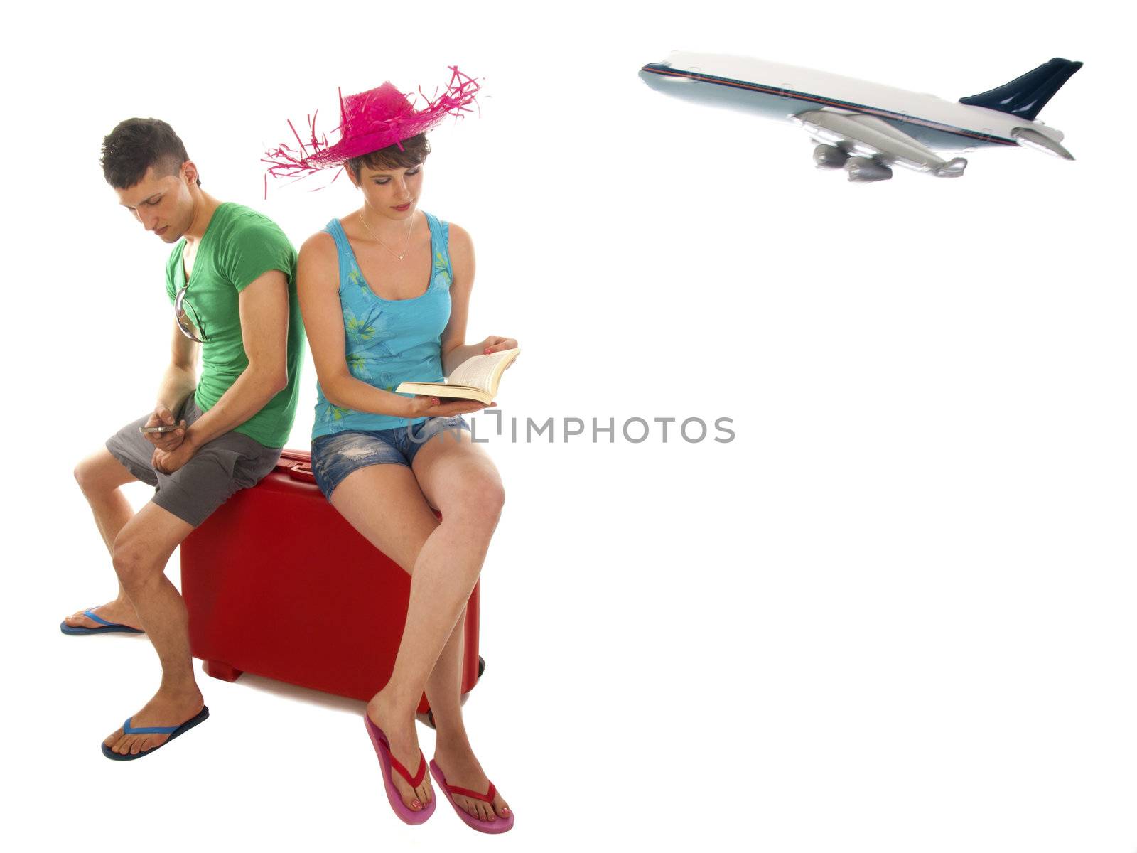 young couple goes on vacation with plane