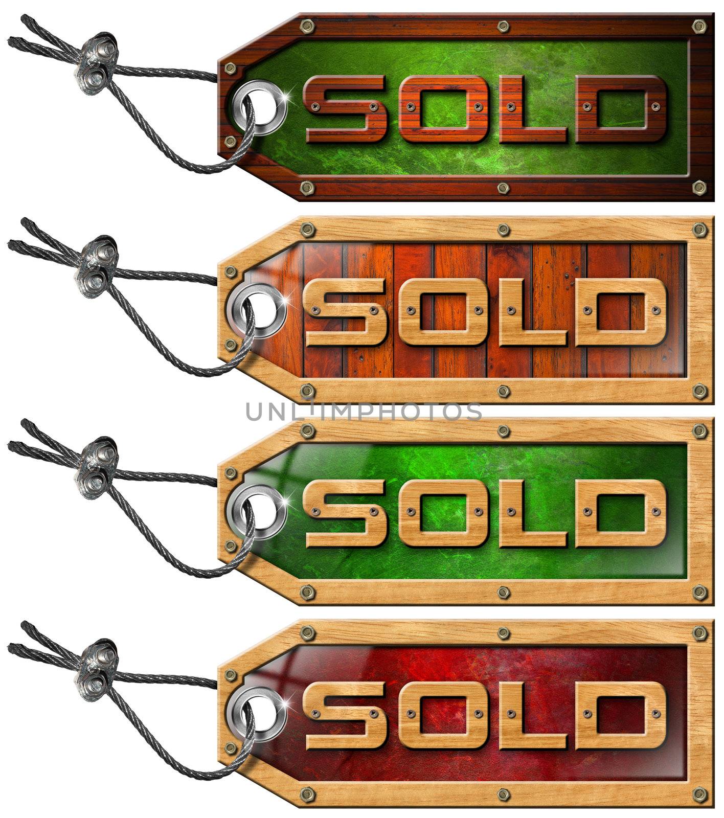 Wooden grunge tags with steel cable and written sold 
