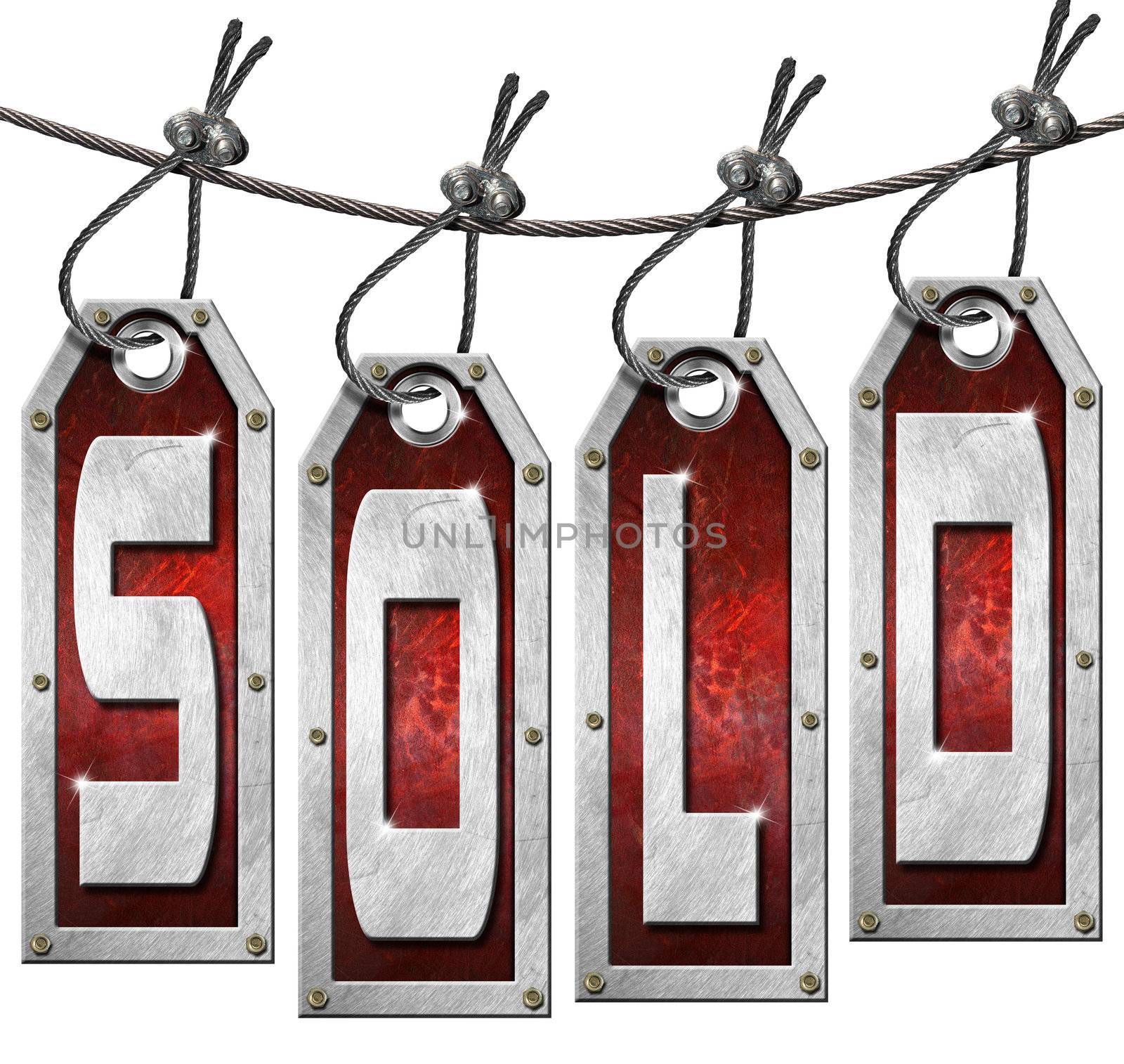 Grunge metallic and red tags hanging on a steel cable with written sold 
