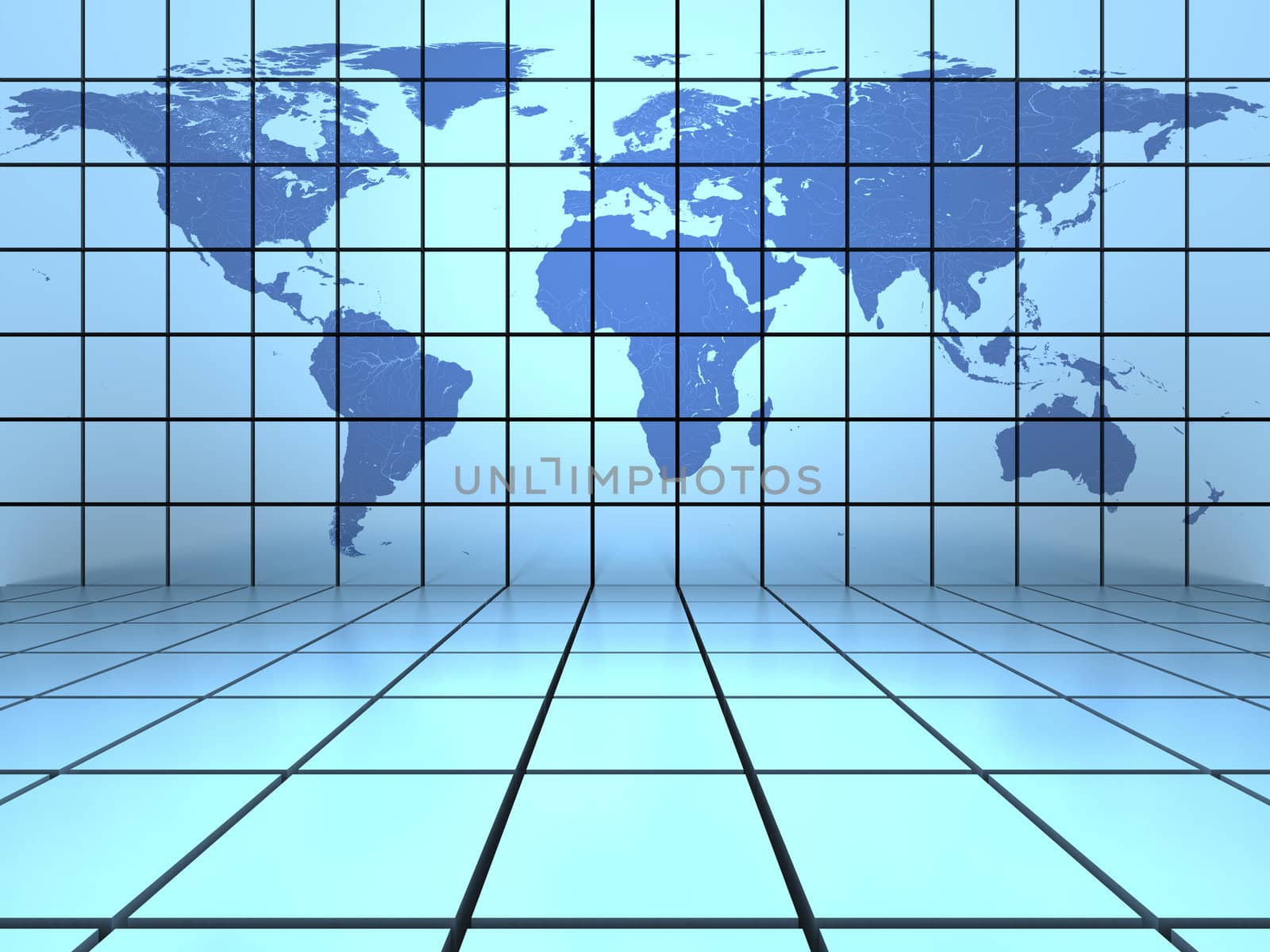 Blue background scene with world map on the wall. Elements of this image furnished by NASA