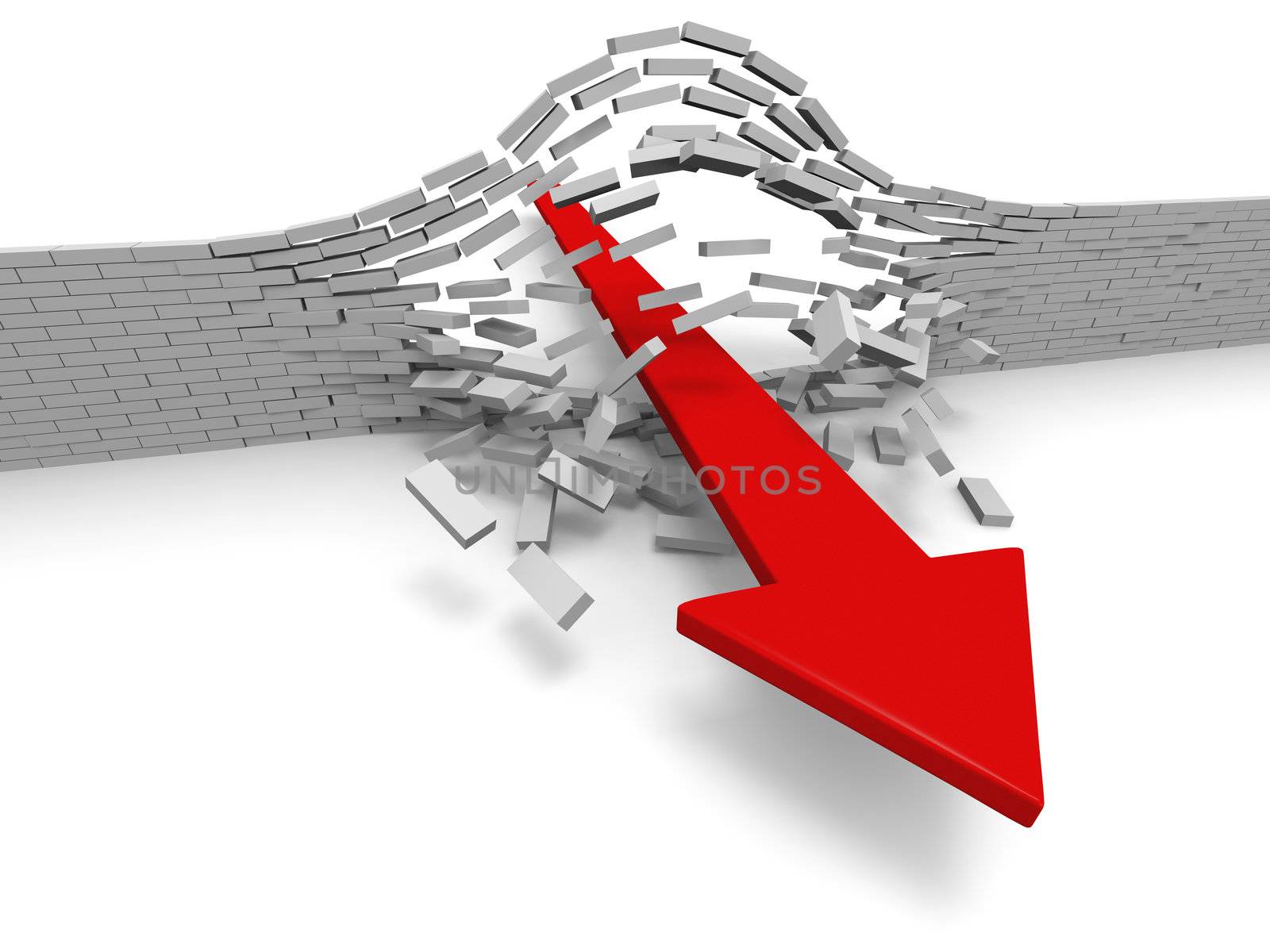 Illustration of red arrow breaking through brick wall, concept of success, breakthrough, achievement