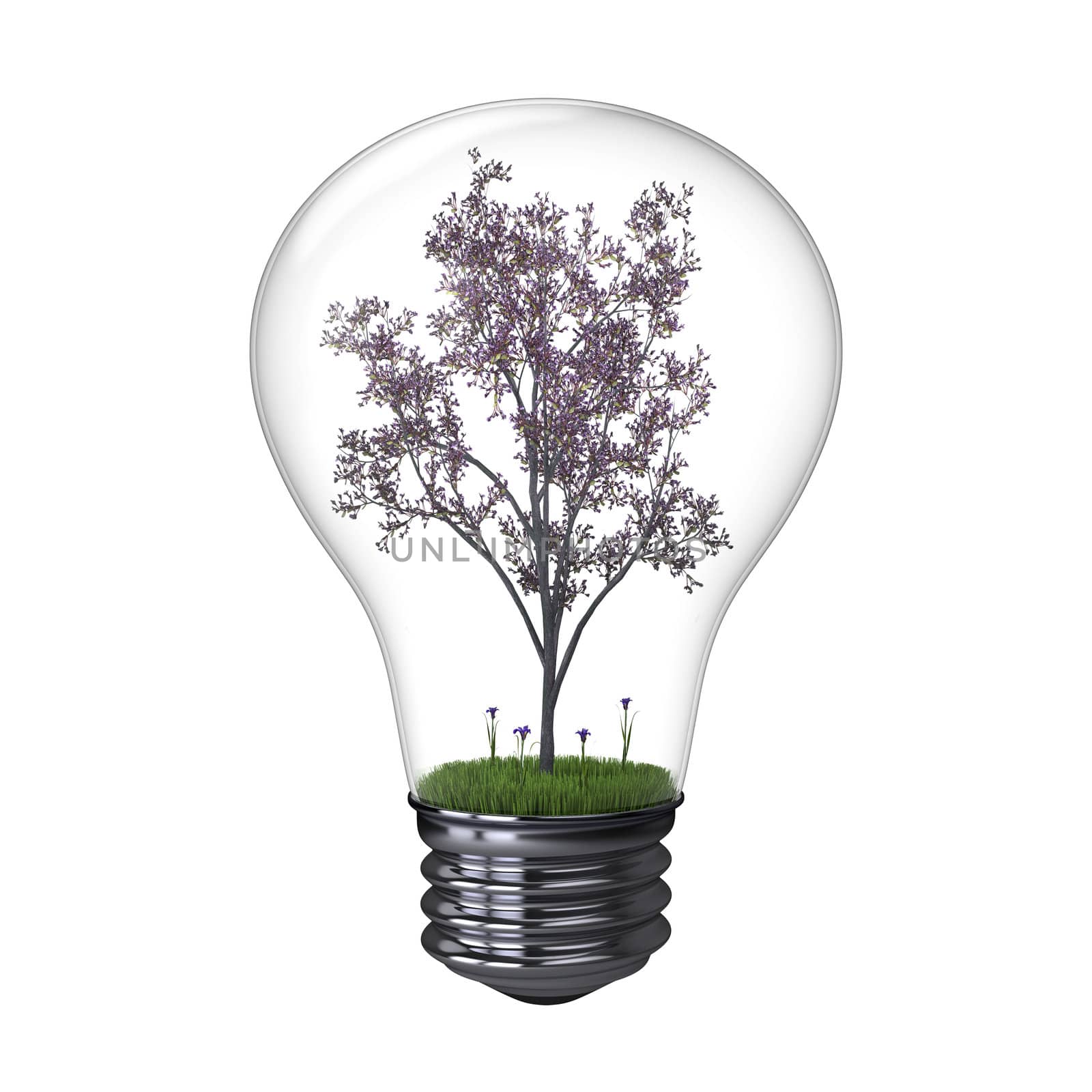 Illustration of blooming tree inside lightbulb isolated on white background, concept of energy saving and environmental protection