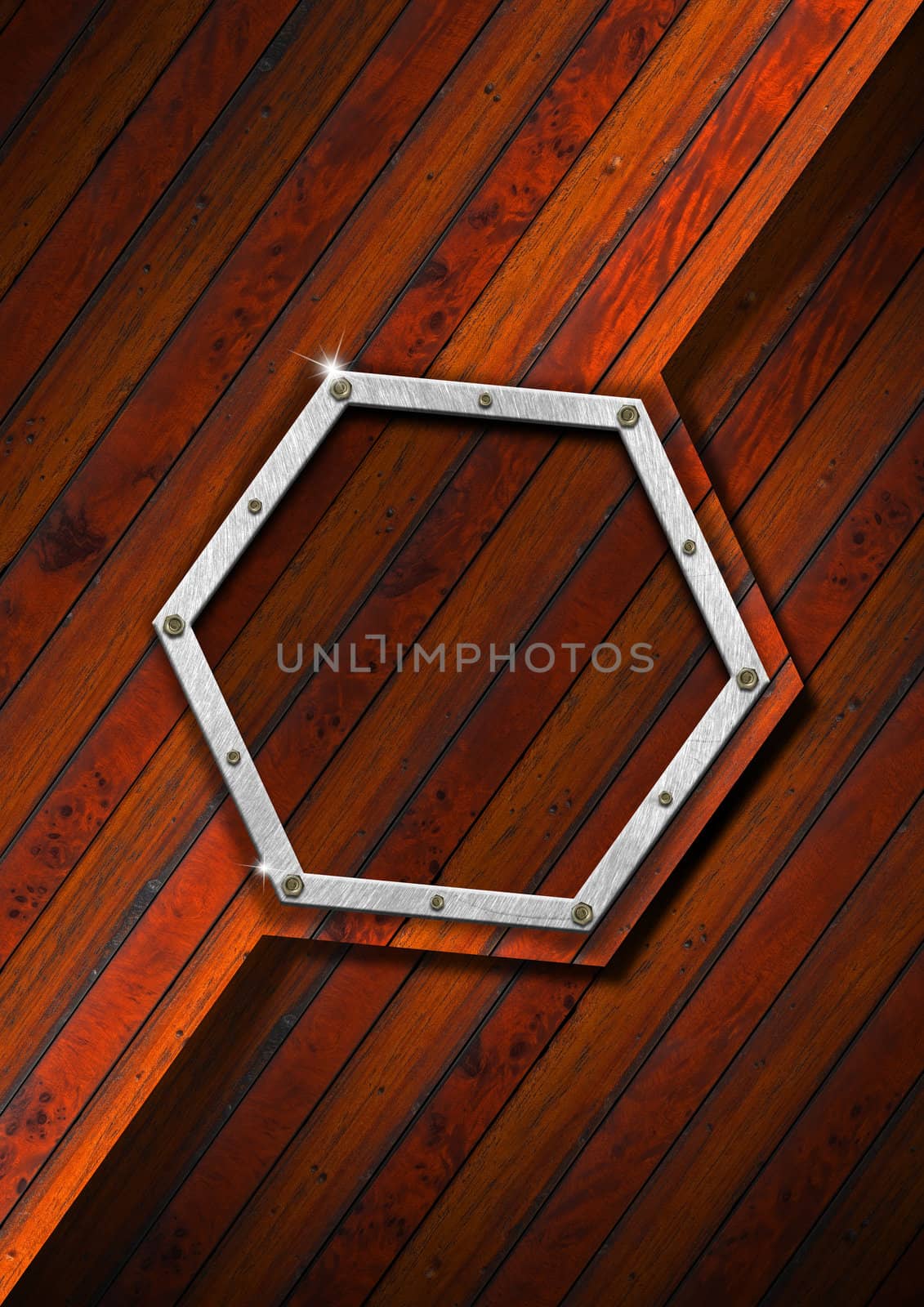 Empty hexagonal metallic frame on a old diagonal wooden wall



