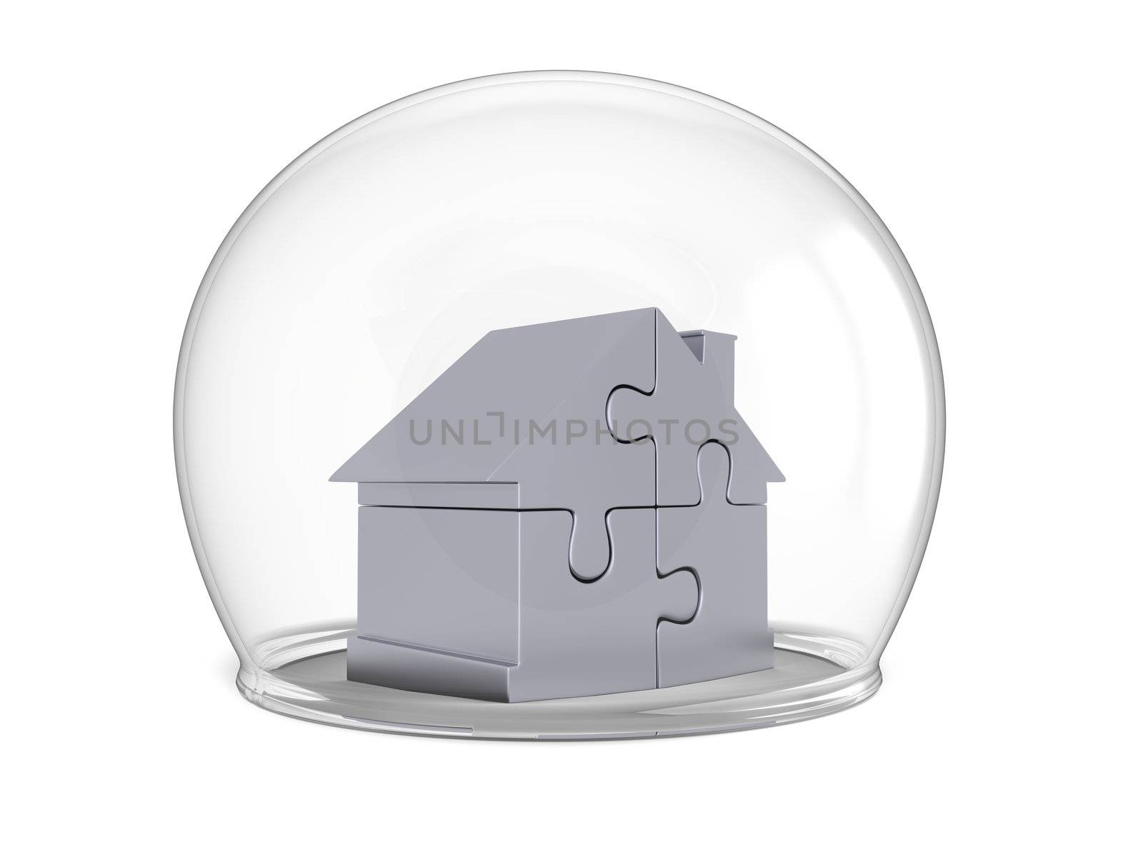 House made of silver puzzle pieces shielded by glass bowl, isolated on white background