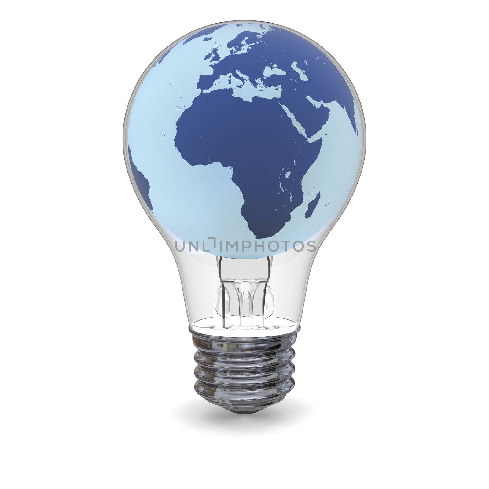 Blue model of planet Earth inside lightbulb, concept of global energy solution