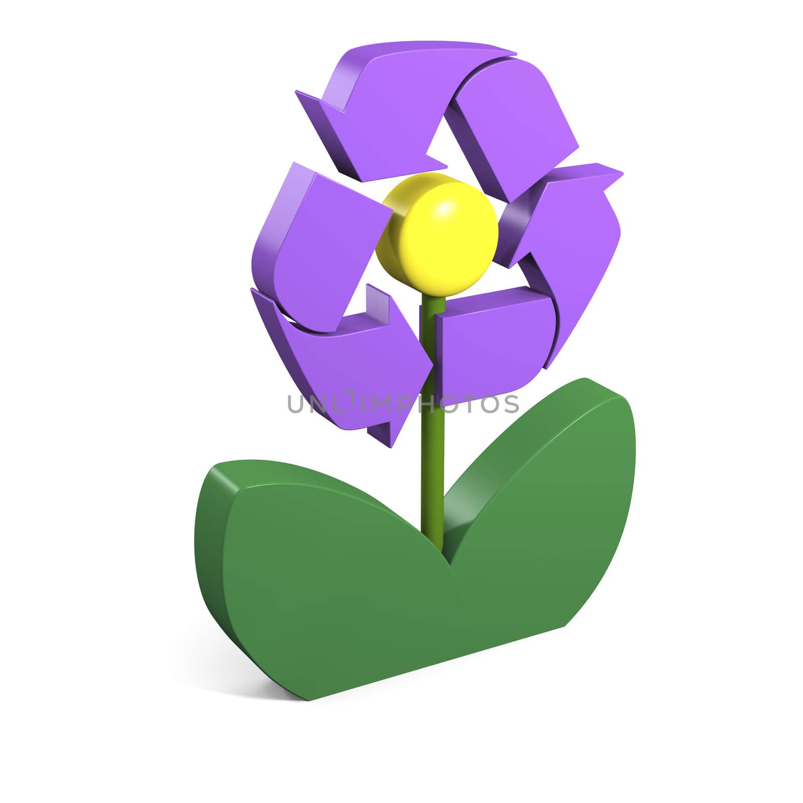 Recycling symbol on violet flower in three dimensional shape isolated on white background