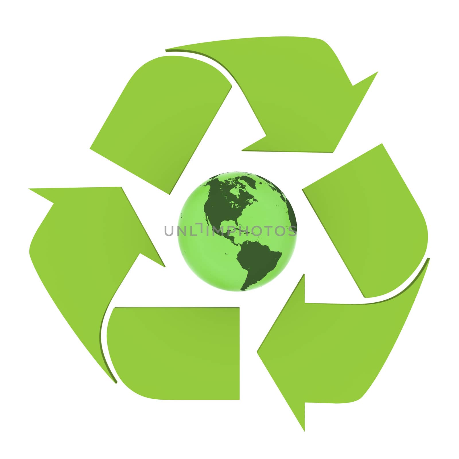 Green planet Earth inside recycling symbol, concept of environmental conservation, isolated on white background. Elements of this image furnished by NASA