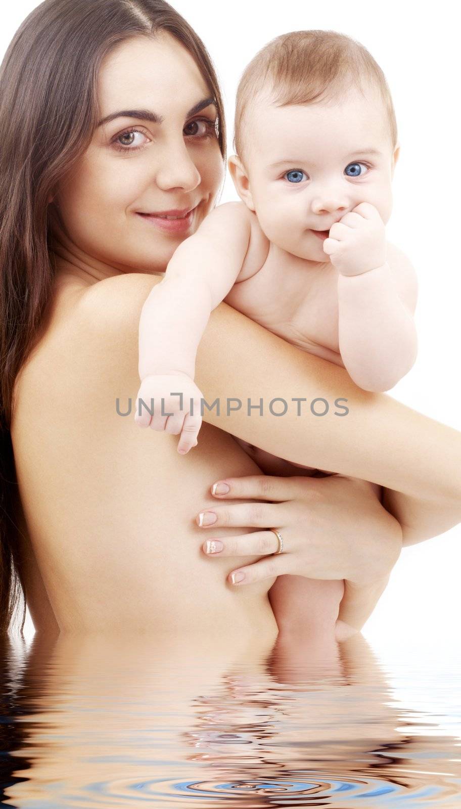 picture of happy mother with baby in water