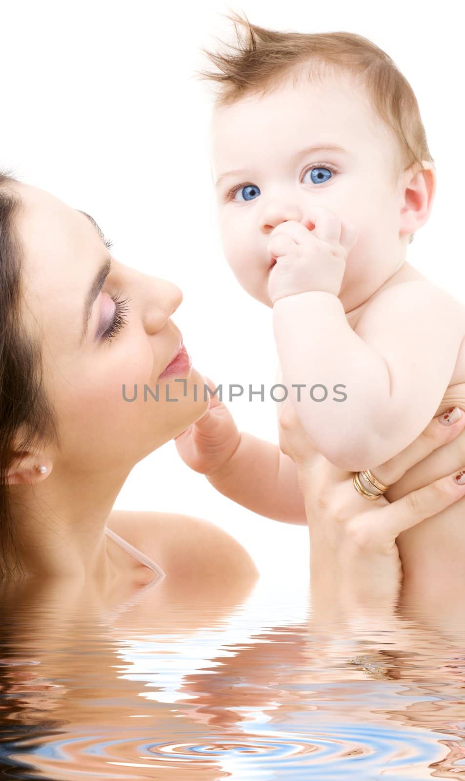 picture of happy mother with baby in water