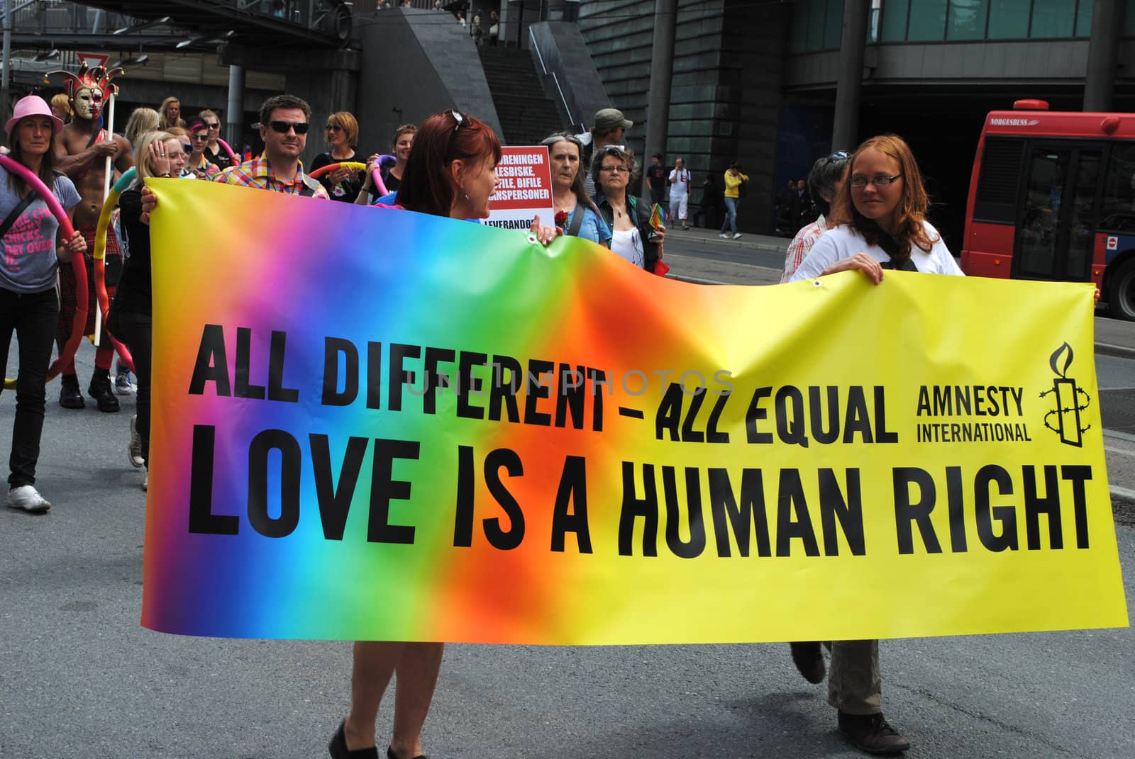 Gay rights activists from Amnesty International during a gay pride parade in Oslo, Norway.