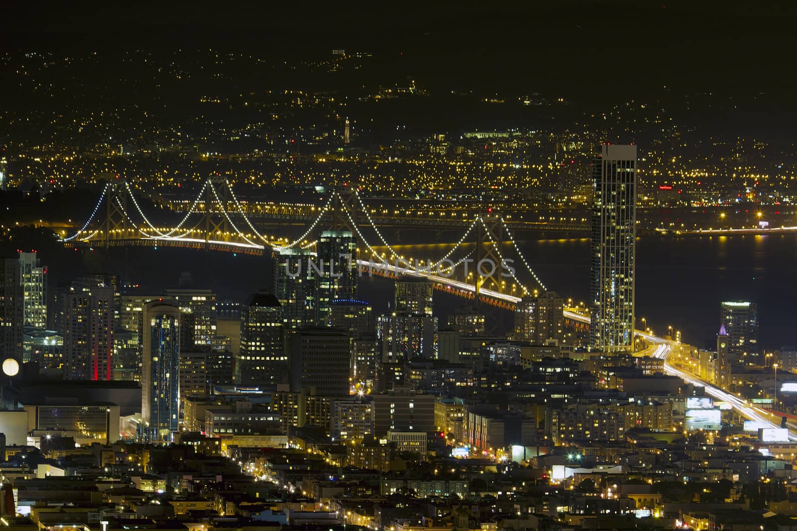 San Francisco City Skyline with Oakland Bay Bridge Night Scene