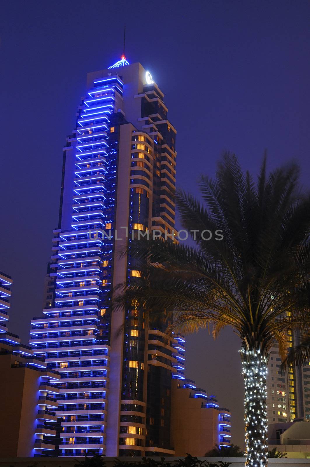 view from Dubai towers by night, modern buildings