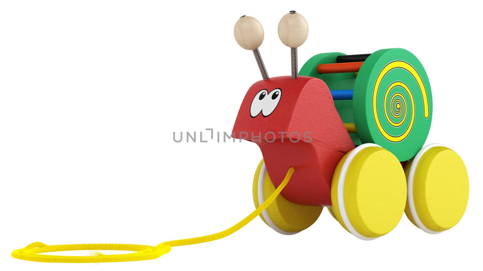 Fun wooden multicoloured cartoon snail toy on wheels with a string for pulling it along isolated on white