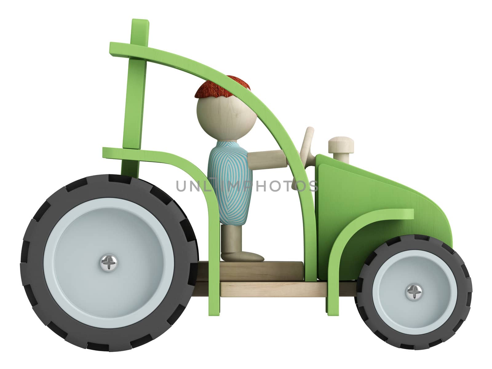 Toy farmer driving his green tractor as he goes about the work on the farm isolated on white