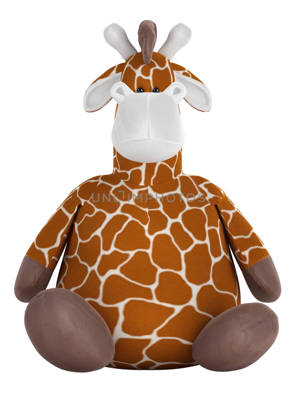 Adorable fat cuddly stuffed giraffe with a spotted pattern on its coat sitting on the floor isolated on white