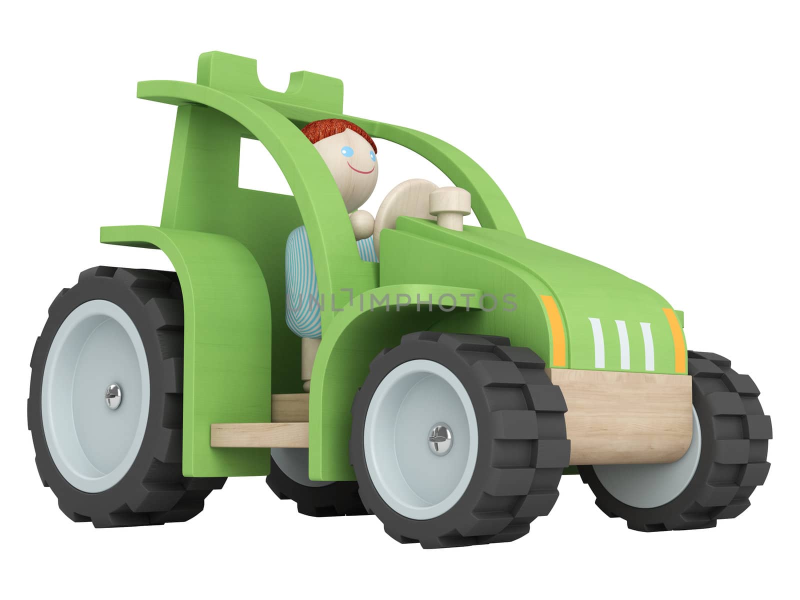Toy farmer driving his green tractor as he goes about the work on the farm isolated on white