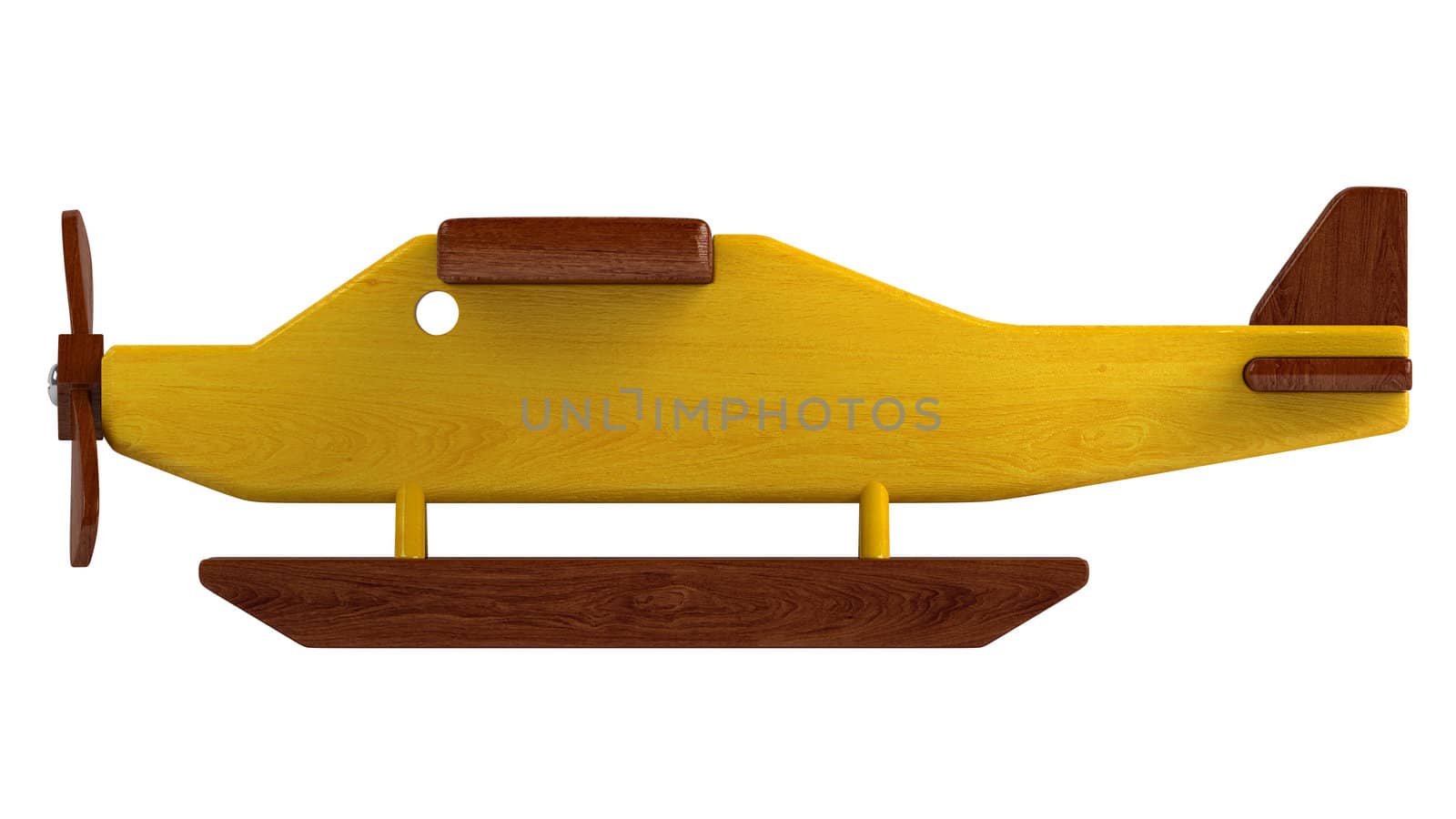 Quaint rustic wooden seaplane toy on pontoons with a propeller isolated on white