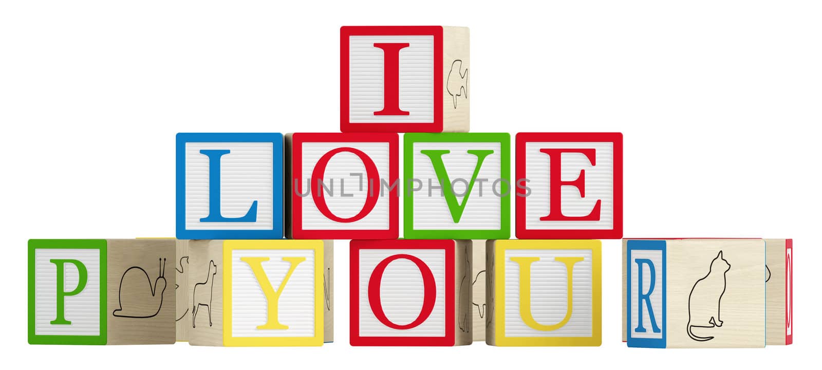 I Love You spelled out on wooden toy alphabet blocks isolated on white