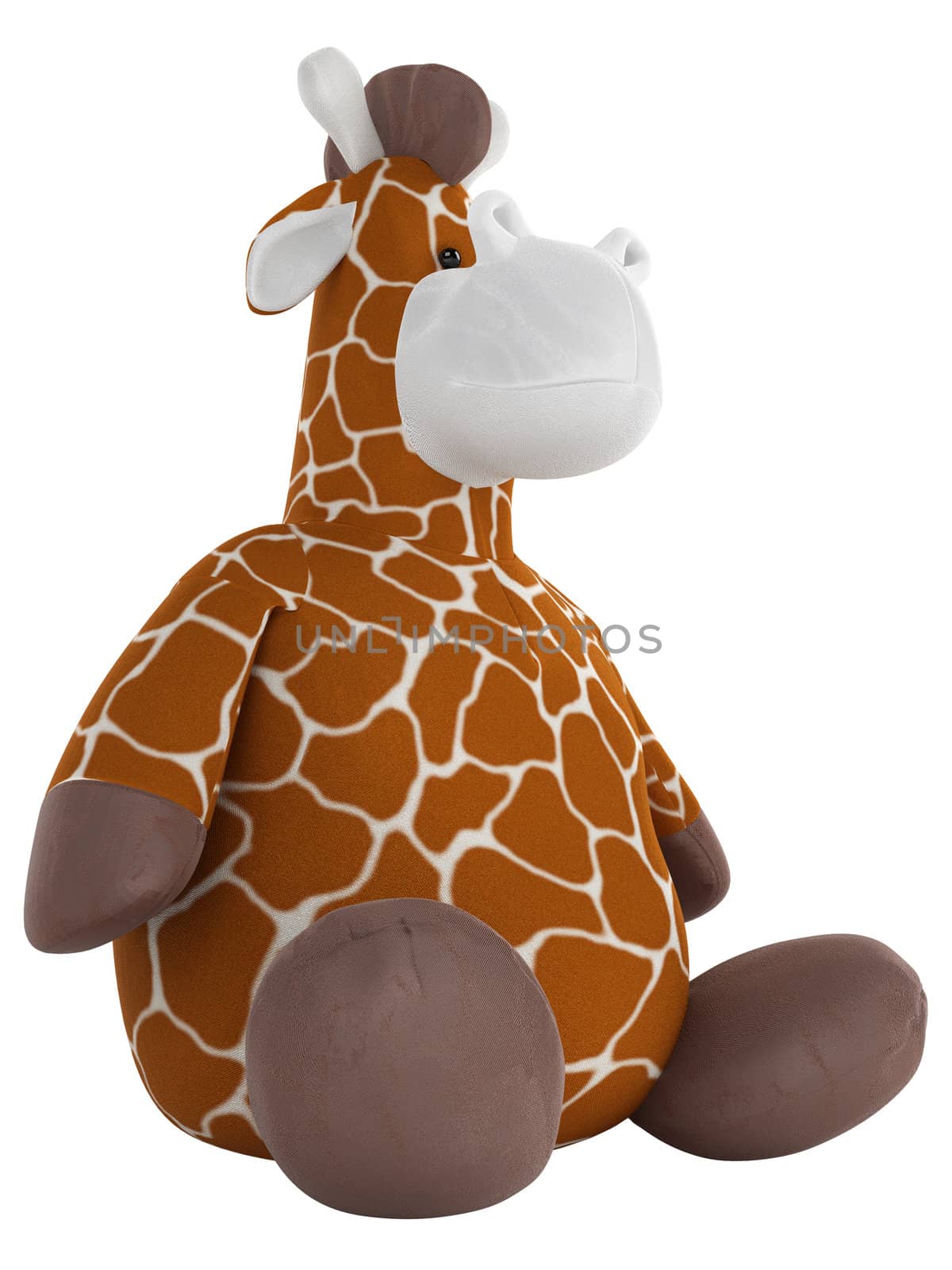 Adorable fat cuddly stuffed giraffe with a spotted pattern on its coat sitting on the floor isolated on white