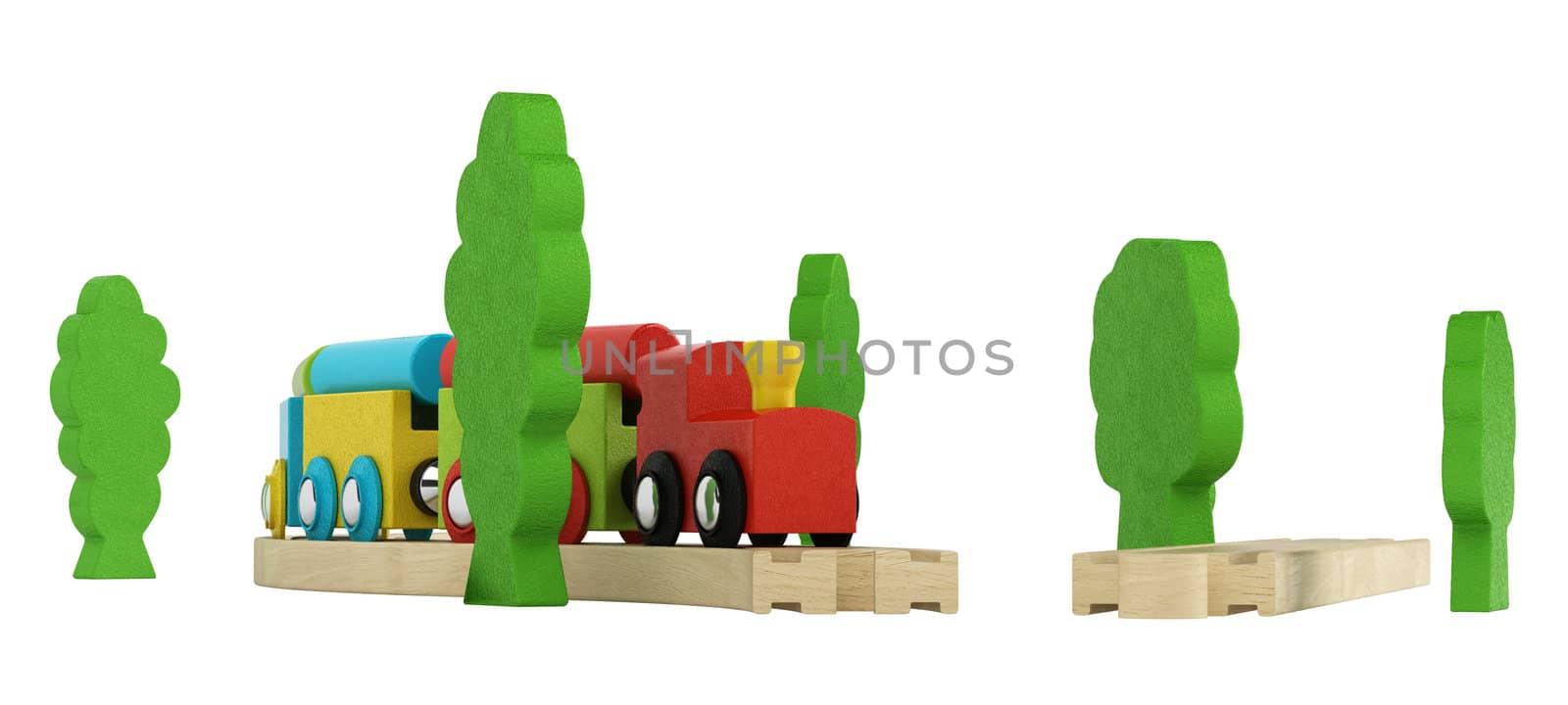 Colourful wooden model train with simple blocky engine and carriages on short lengths of track isolated on white