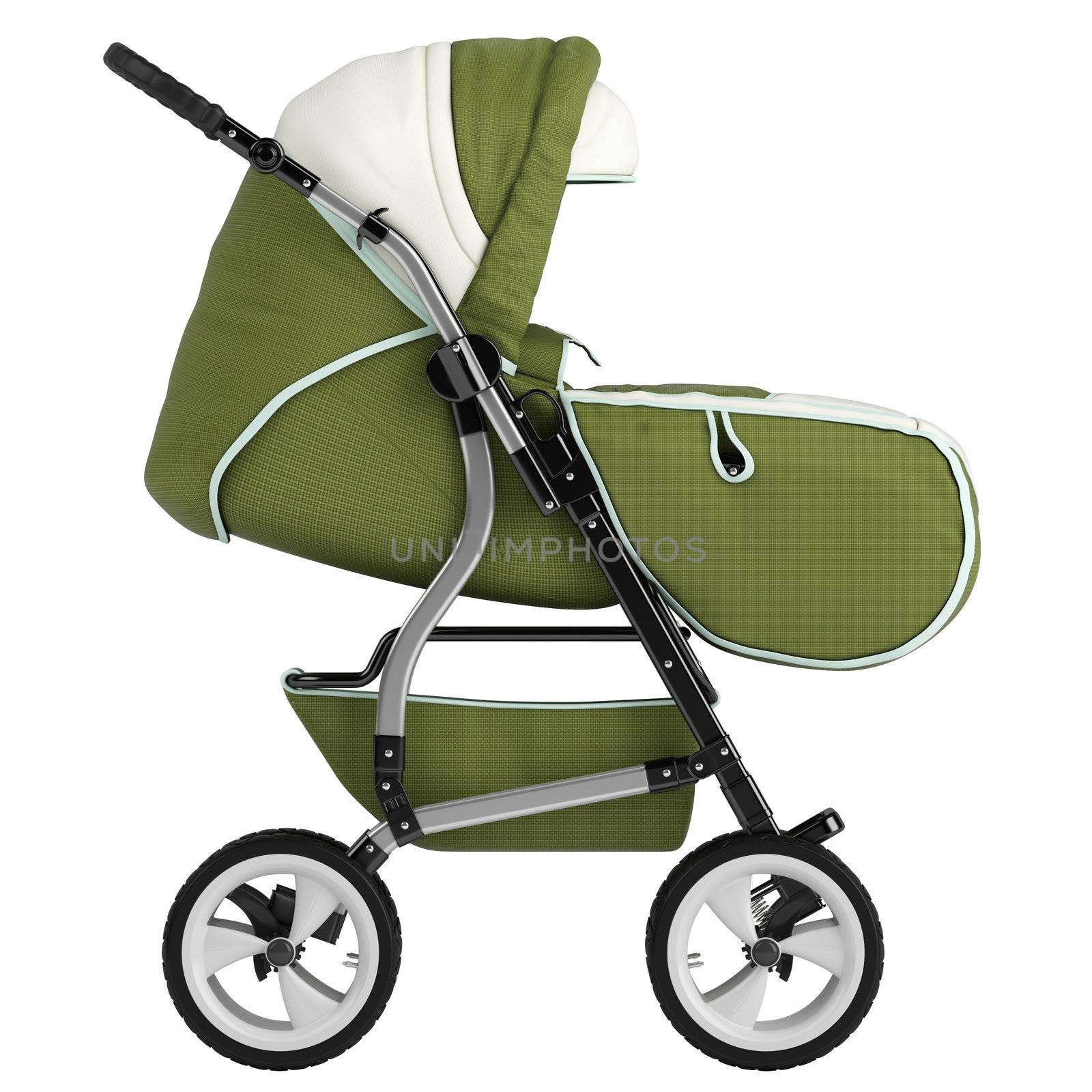 Isolated baby pram with an upholstered cover and hood for taking the baby out for a stroll or walk isolated on white