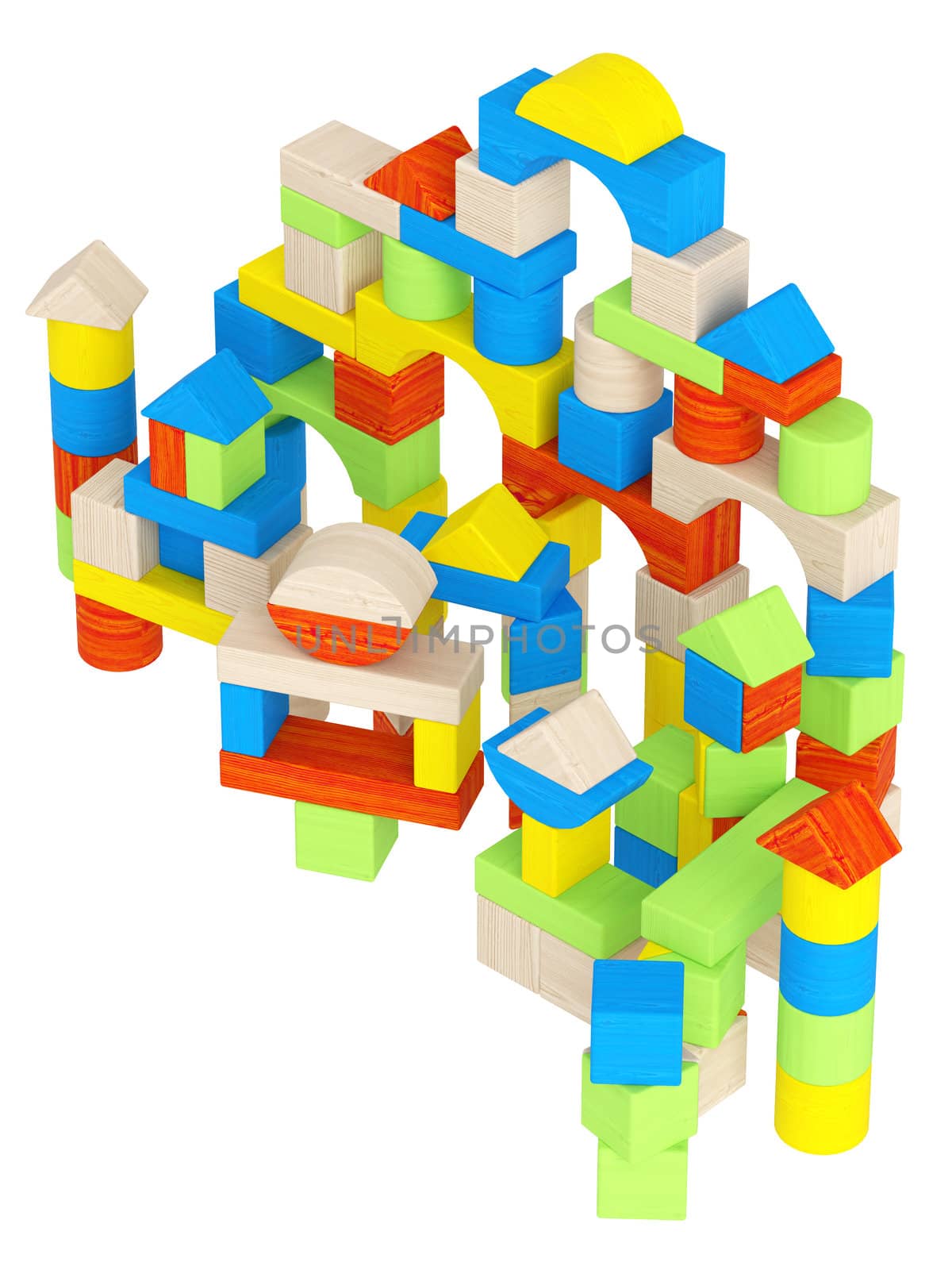 Colourful array of different shaped building blocks in geometric shapes including triangles, tubular, curved and arched for teaching a child creativity and design isolated on white