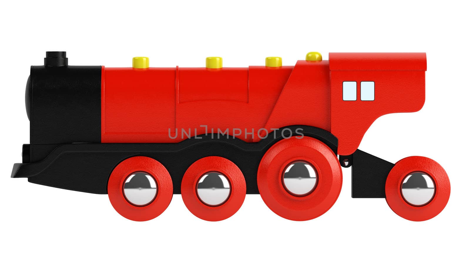 Red plastic toy engine for playing with and entertaining a young child isolated on white
