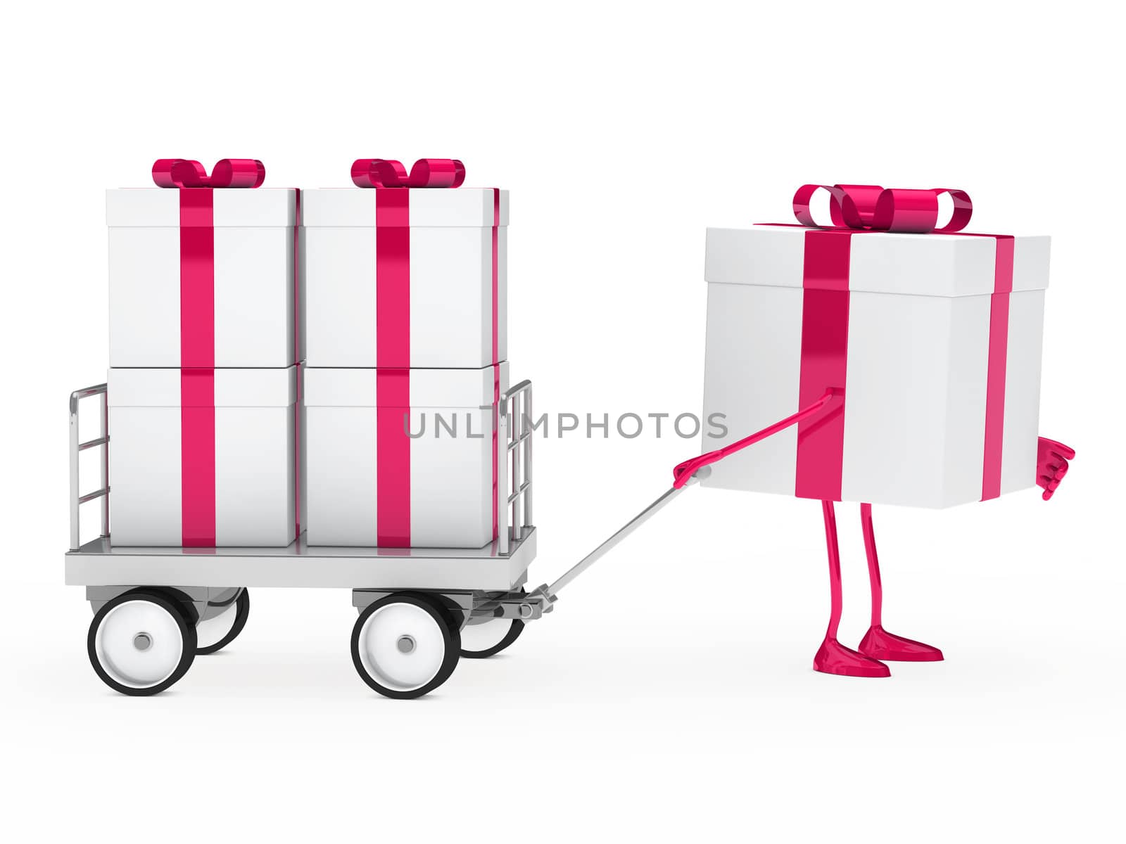 pink white gift box draws a trolley