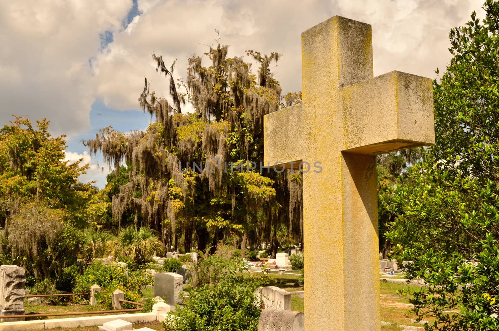 A cross memorial stands out at Bonaventure Cemetery in Savannah Georgia