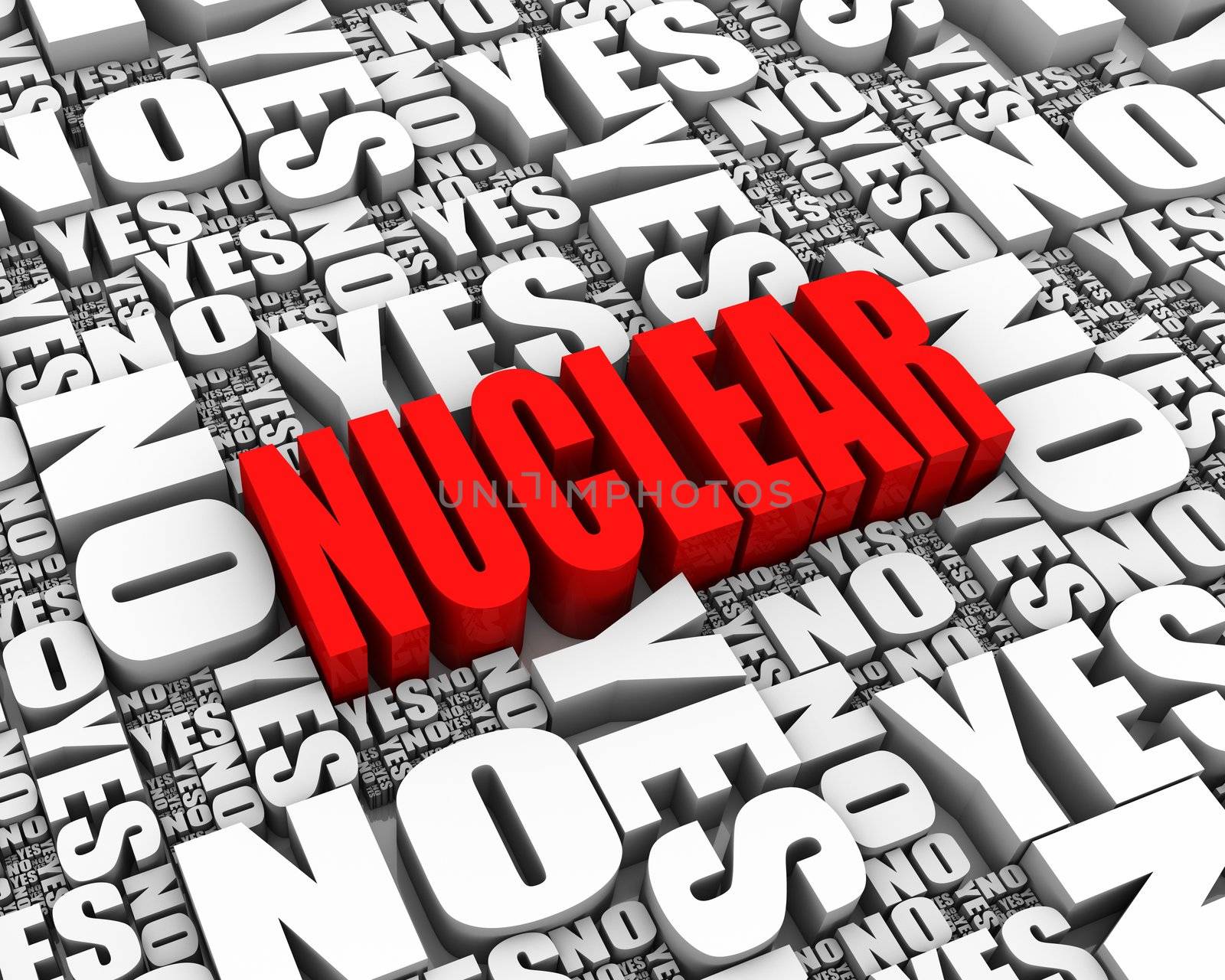 "NUCLEAR" 3D text surrounded by YES and NO words. Part of a series.