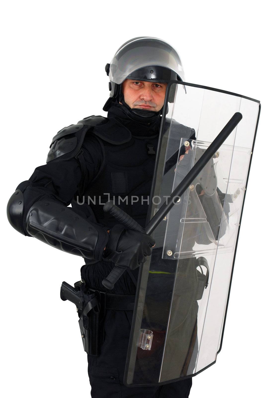 Policeman with full anti riot equipment isolated on white