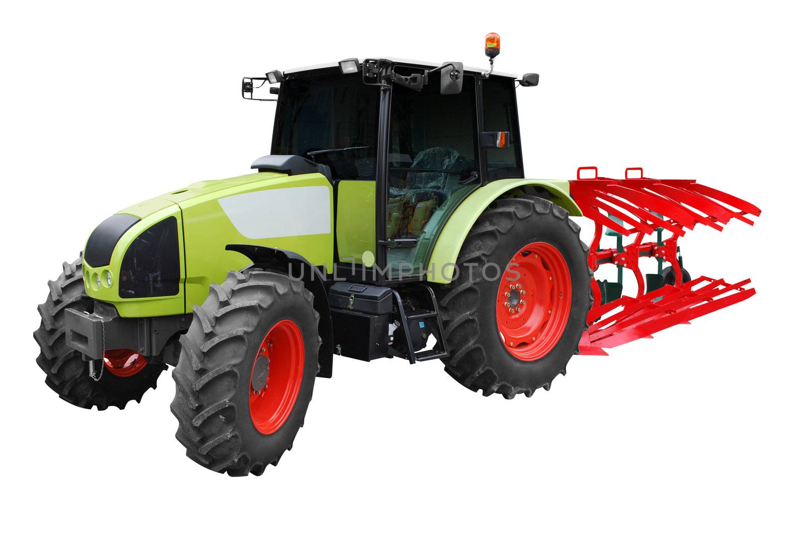 Tractor with plow isolated on white background