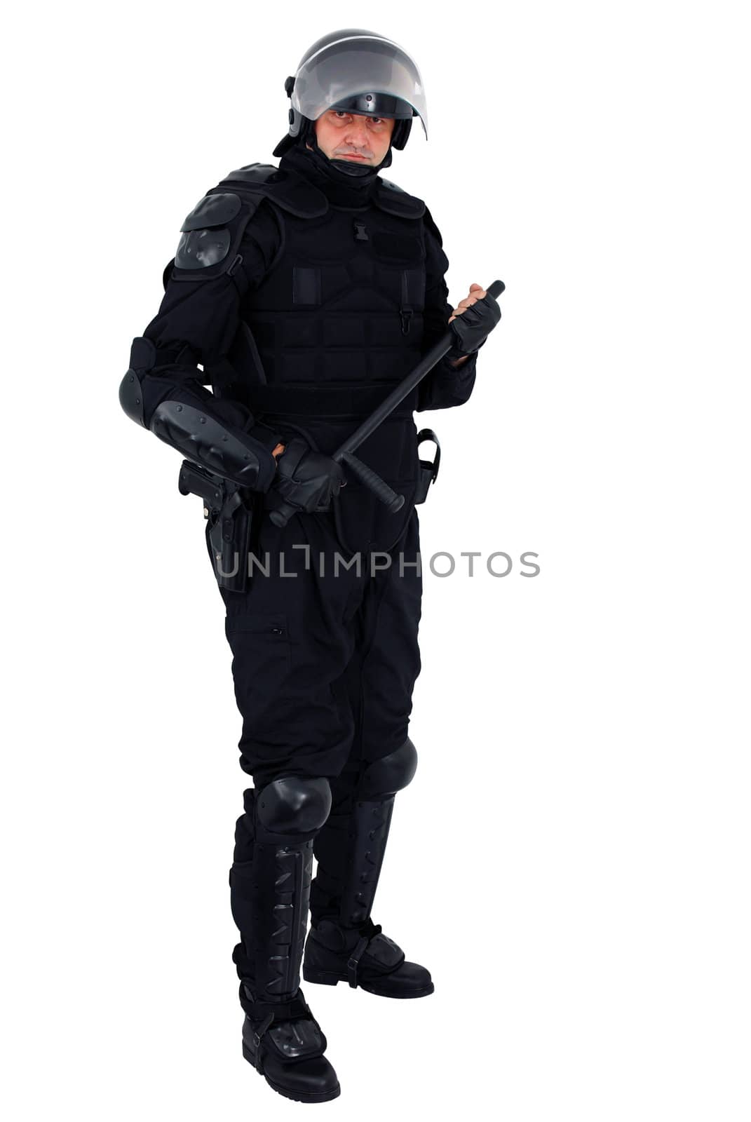 Riot policeman with full equipment isolated on white