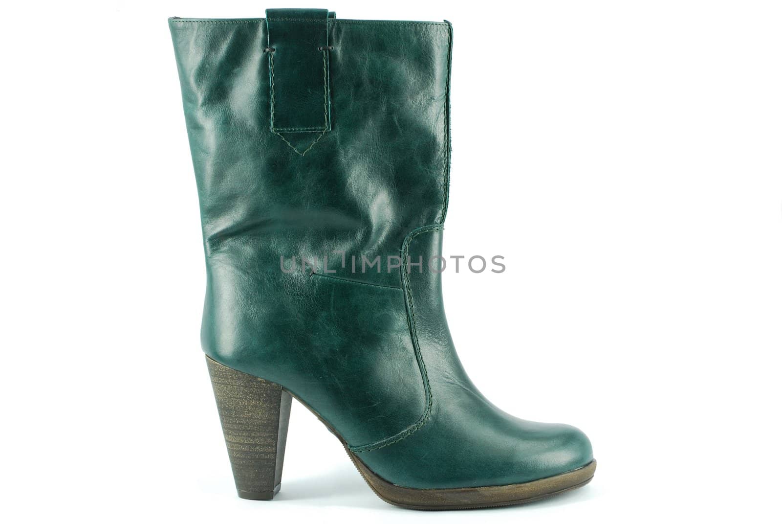 Woman green leather boot on white