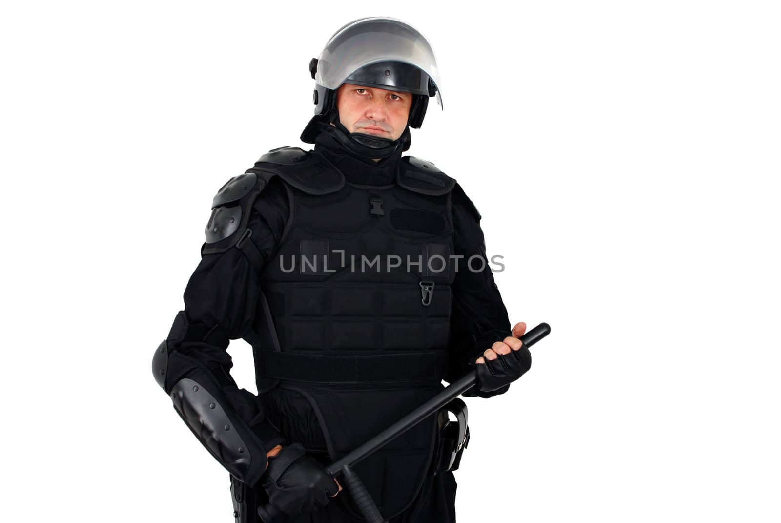 Riot policeman with nightstick isolated
