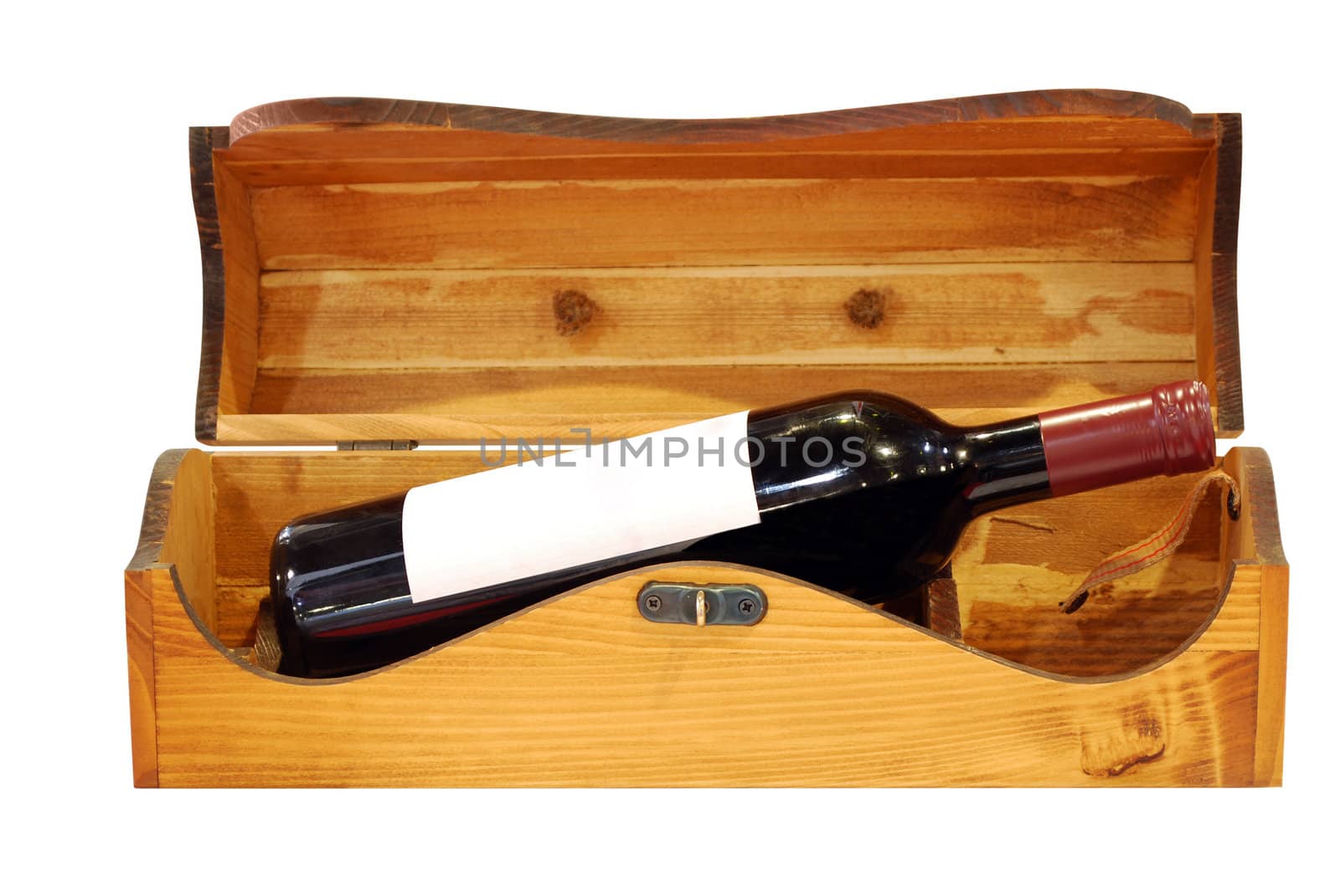 Wine bottle in wooden box isolated