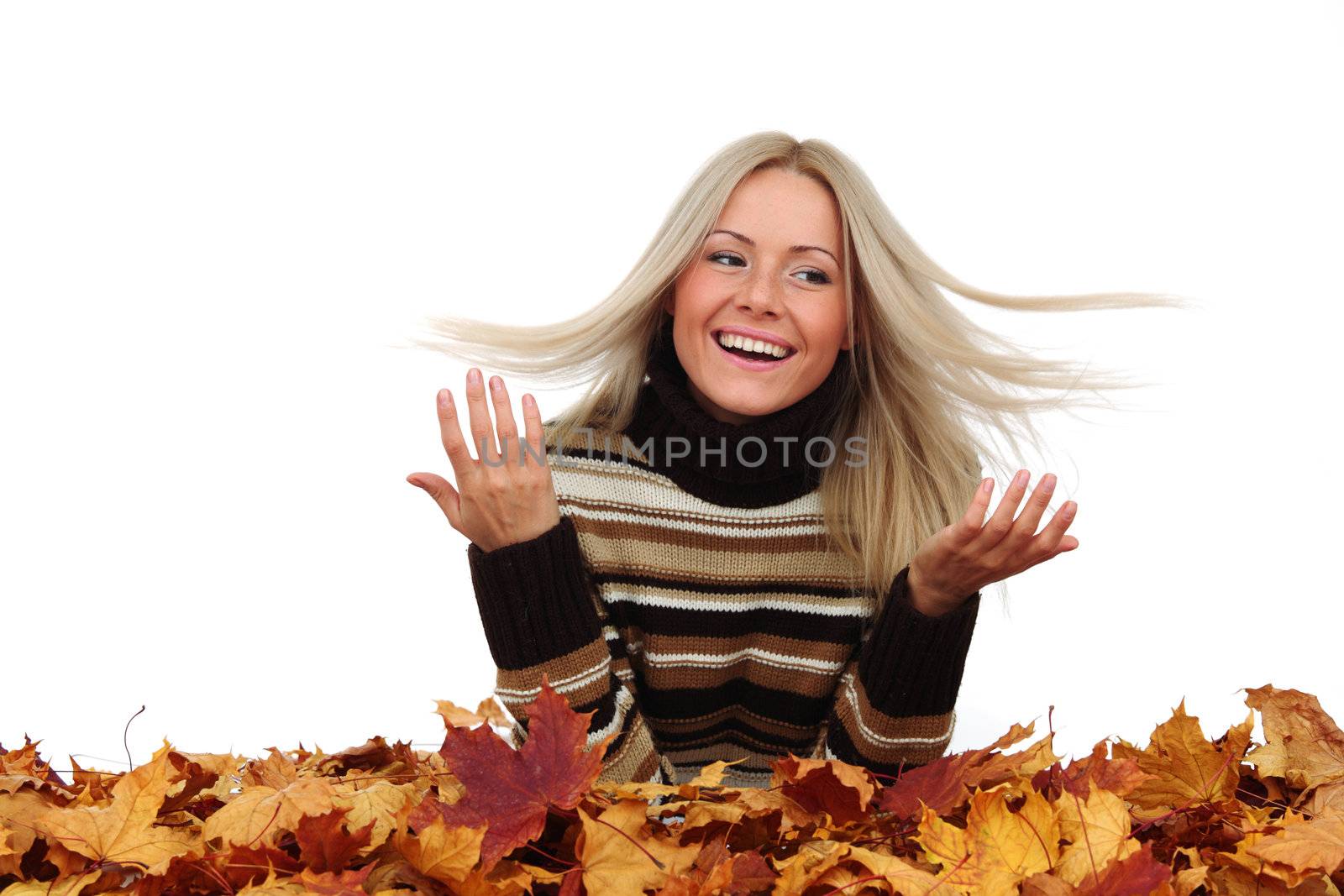  studio portrait of autumn woman in  yellow leaves