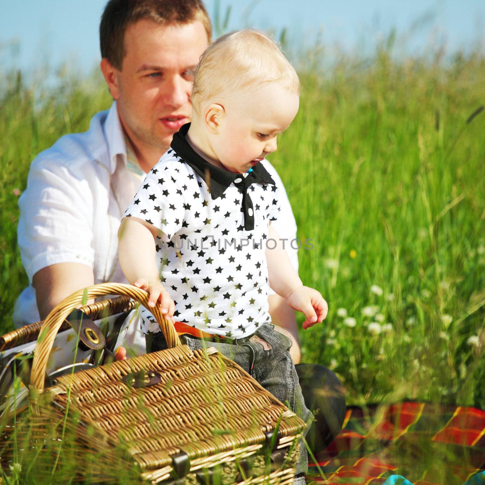  happy family on picnic in green grass