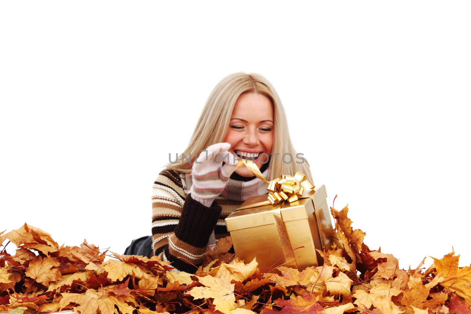  woman take autumn gift isolated in studio